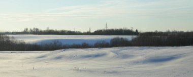 Ufuk arkaplanındaki ağaçlarda kar yağışı var. Güzel Avrupa doğal kış panoramik manzarası,