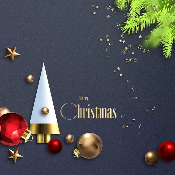 Güzel bir Noel kartı. Soyut kırmızı mücevher, soyut mavi Xmas ağacı. Xmas 2022 yılbaşı şirket kartı davetiyesi, mesaj için yer. Altın metin Mutlu Noeller 3Drender
