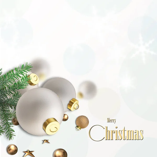 Beautiful Elegant White Christmas Card White Balls Baubles Xmas Tree — Stock Photo, Image