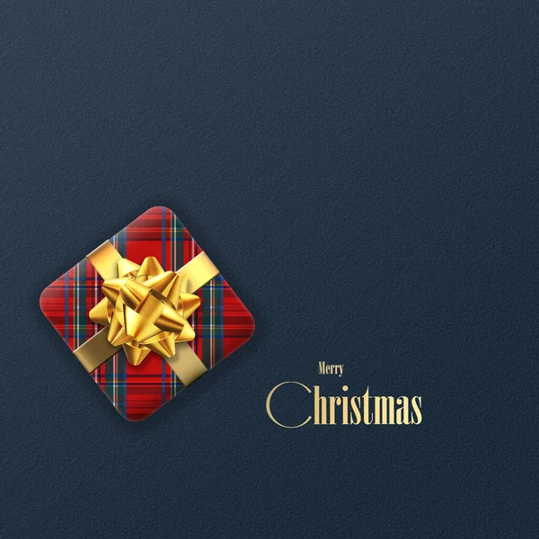 圣诞漂亮的圣诞礼品盒设计为格子呢红色绿色图案 金色蝴蝶结为深蓝色背景 黄金文本圣诞快乐 苏格兰传统礼物 文本的地方 3D插图 图库图片