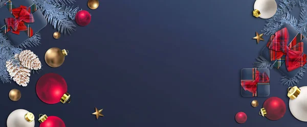 Mavi kırmızı yılbaşı afişi. Xmas hediye kutuları tartan yay, kırmızı toplar, Xmas ağacı dalları koyu mavi. Noel 2022 Yeni Yıl tebrik kartı davetiyesi. yatay 3B oluşturucu