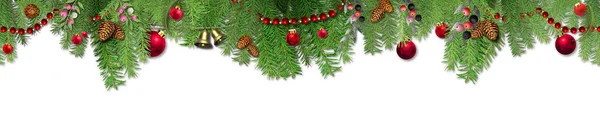 Vánoční Horizontální Věnce Vánoční Červené Koule Cetky Přes Vánoční Strom — Stock fotografie