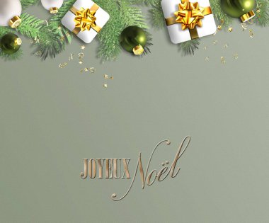 Joyeux Noel Mutlu Noeller mesajı. Xmas hediye kutuları köknar dalları toplar pastel şam fıstığı yeşili arka planda takılar. Kış tatili tasarımı. Mesaj için yer. 3B illüstrasyon
