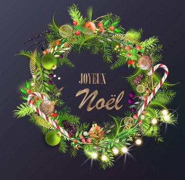 Fransızca Joyeux Noel İngilizce çeviri Mutlu Noeller. Xmas tebrik kartı Fransız altın metni, parlak mücevherli çelenk koyu mavi üzerine şenlikli çam dalları. 3B illüstrasyon