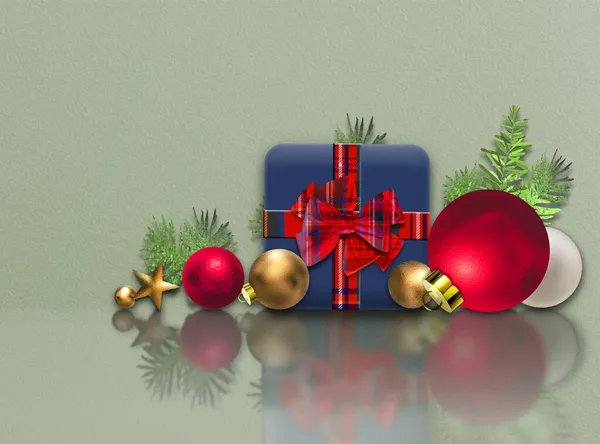 Addobbi Natalizi Natale Confezione Regalo Con Fiocco Tartan Rosso Palline — Foto Stock
