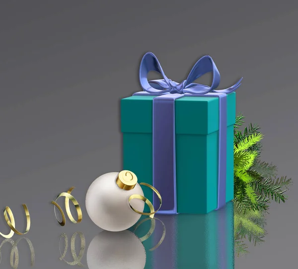 新年のクリスマスの挨拶 現実的なターコイズ3Dクリスマスギフトボックスブルーサテン弓 ホワイトクリスマスボールゴールデンコンフェッティ 反射にモミの枝 エレガントなパステルお祝いグリーティングカードポスター 3Dレンダリング — ストック写真