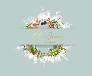 Pastel şam fıstığı yeşili Noel tasarımı şablonu, Xmas çelengi, Xmas süsleme topları, pastel yeşilin üzerinde kağıt şeritli ışıklar. Takvim, menü geçişi, davet, fiş, bilet numarası 3D