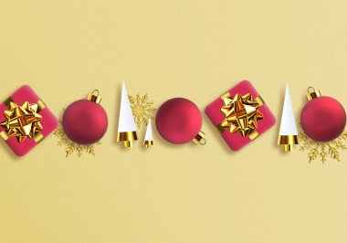 Kırmızı Xmas hediye kutularının yılbaşı sınırı. Sarı arka planda Noel ağacı kar taneleri, yatay sınır şablonu. Yeni yıl tebrikleri. 3 Boyutlu Hazırlama