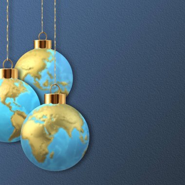 Mutlu Noeller 2022 Uluslararası Yeni Yıl selamları. 3D Xmas topları Avrupa 'nın Asya Amerika haritası şeklinde koyu mavi üzerinde asılıydı. Uluslar arası yılbaşı kartı. 3 Boyutlu Hazırlama