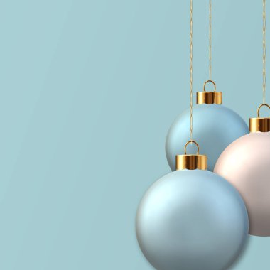 Yılbaşı 2022 Pastel mavi turkuaz arka plan. Açık mavi inci 3D gerçekçi toplar gevezelik eder. Selamlama şablonu. Zarif bir davet. 3 Boyutlu Hazırlama