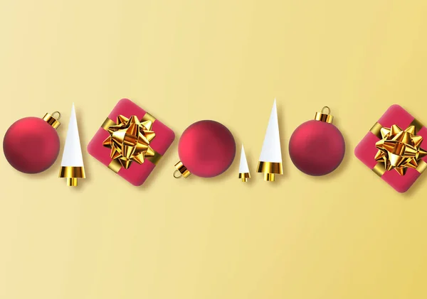 クリスマス赤い3Dクリスマスギフトボックスの新年の境界クリスマスボール黄色の背景に抽象的なクリスマスツリー 水平方向の国境テンプレートクリスマス新年の挨拶 上記のビュー 3Dレンダリング — ストック写真