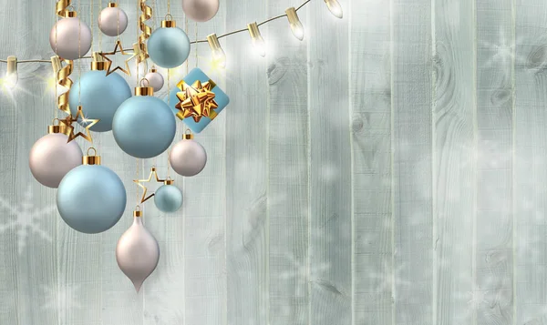 Yılbaşı şablonu ahşap üzerinde turkuaz mavisi. Pastel rengi inci mavisi toplar asılıyor. Tahta arka plandaki kar tanelerine Xmas hediye kutusu asılıyor. Pastel renklerde yatay bayram şenlik tasarımı 3Drender