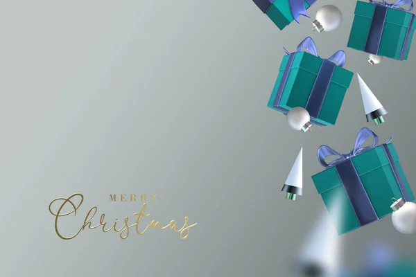 Noel selamları, 3D turkuaz mavi Xmas hediye kutuları mavi saten fiyonklar, pastel gri gümüşün üzerindeki soyut Xmas ağacı. Mutlu Noeller mesajı at. Bayram kutlamaları için şenlik tasarımı, yeni yıl partisi. 3 Boyutlu Hazırlama