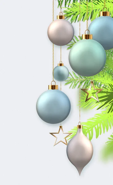 圣诞快乐新年垂直问候 浅蓝色的绿色粉红圣诞球 挂在树干上 白色背景 美丽的节日设计 企业卡 3D渲染 — 图库照片