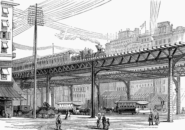 19e eeuw new york, VS, elevated railway — Stockfoto