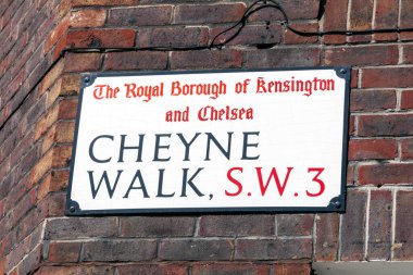 Cheyne Walk street road sign in Chelsea Kensington London England UK which is a popular tourist holiday travel destination and attraction landmark, stock photo image clipart
