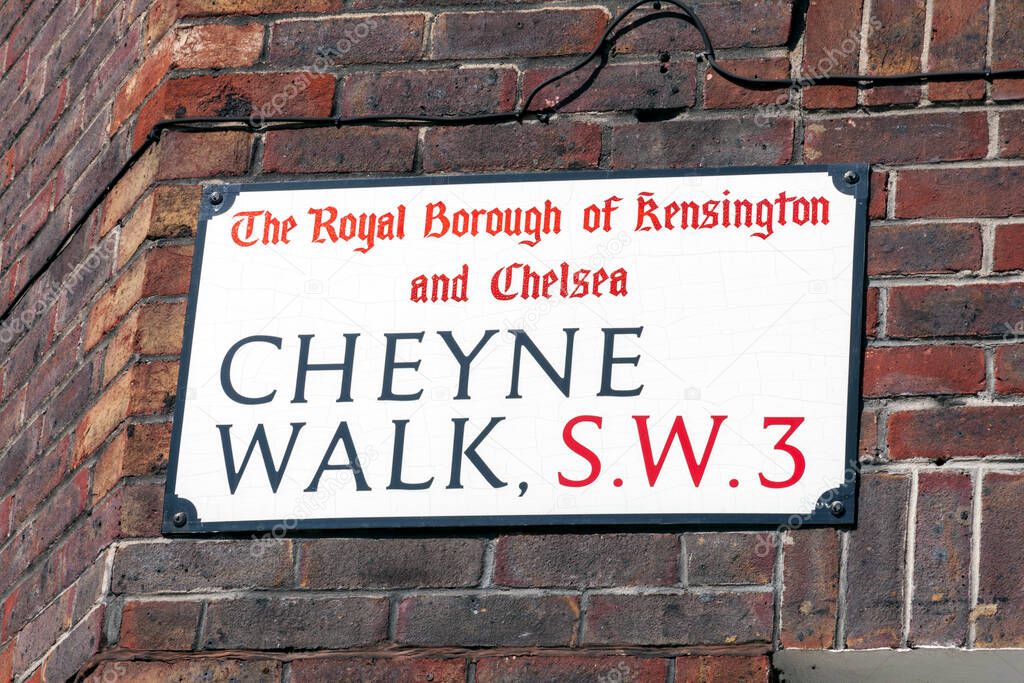Cheyne Walk street road sign in Chelsea Kensington London England UK which is a popular tourist holiday travel destination and attraction landmark, stock photo image