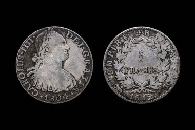 France Carolus III. 5 frank. Önünde ve arkasında 1804 tarihli gümüş para kopyası. Üzerinde imparatorun portresi var.