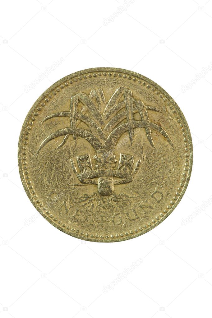 Old worn Elizabeth II one pound British coin of England UK which is no longer in current use cut out and isolated on a white background
