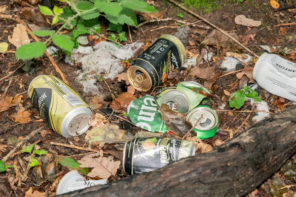 Burry Port Wales Storbritannien Augusti 2021 Plåtöls Och Ciderburkar Kvar — Stockfoto