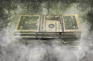 Stack of USA one dollar bill bank notes cut out and blended as a composite picture on a grain texture background with added mist, stock photo image