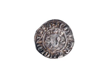 14. yüzyıl Kralı 2. Henry 'nin gümüş haçlı parası. 1310-1314 yılları arasında Canterbury İngiltere' de basılmış. Beyaz bir arka planda kesilmiş ve izole edilmiş.