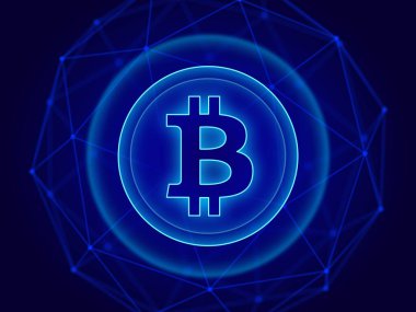 3D şifreleme kavramı - Bitcoin. Teknoloji geçmişi. Tel çerçeveler, parçacıklar, ağ.