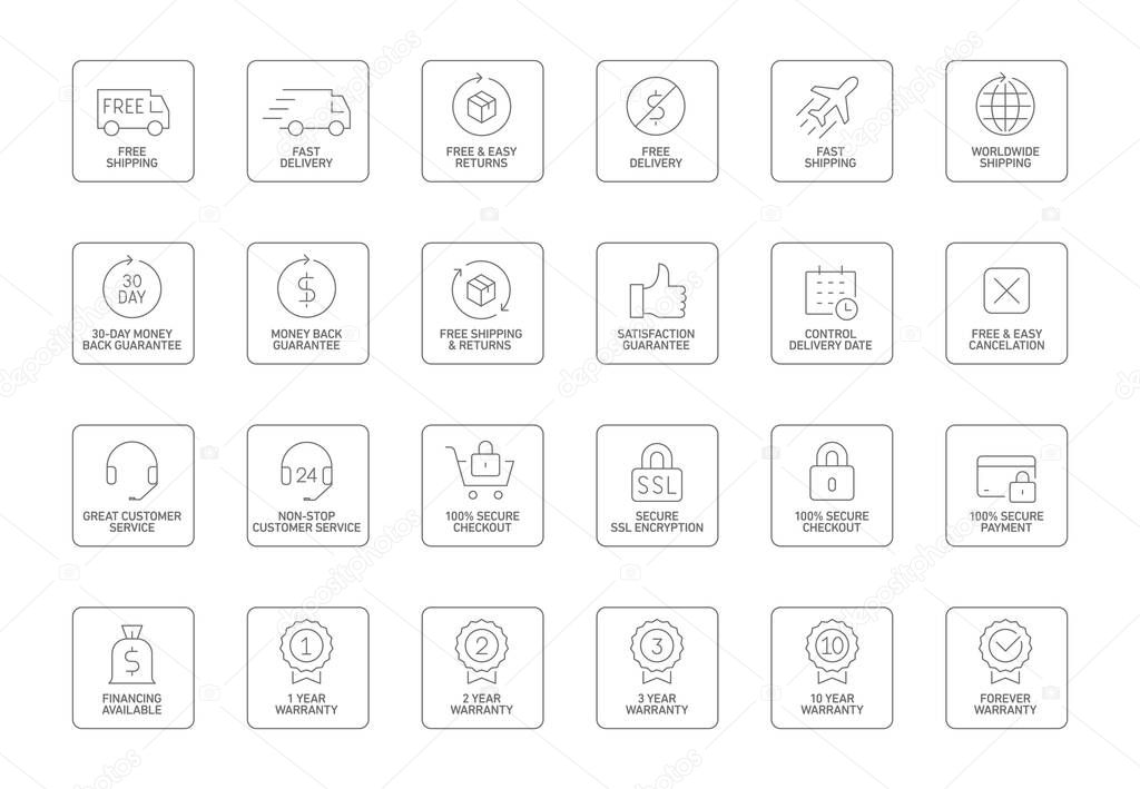 E-commerce, online shopping line icons set. Modern graphic design concepts, simple outline elements collection.