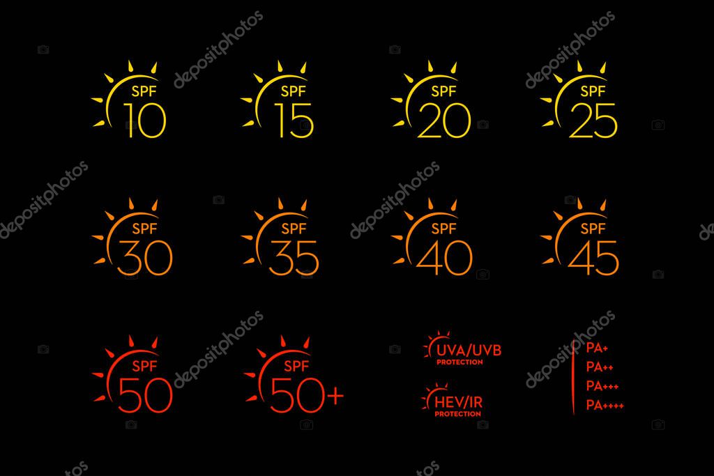 Spf Sun Protection Factor vector icon set