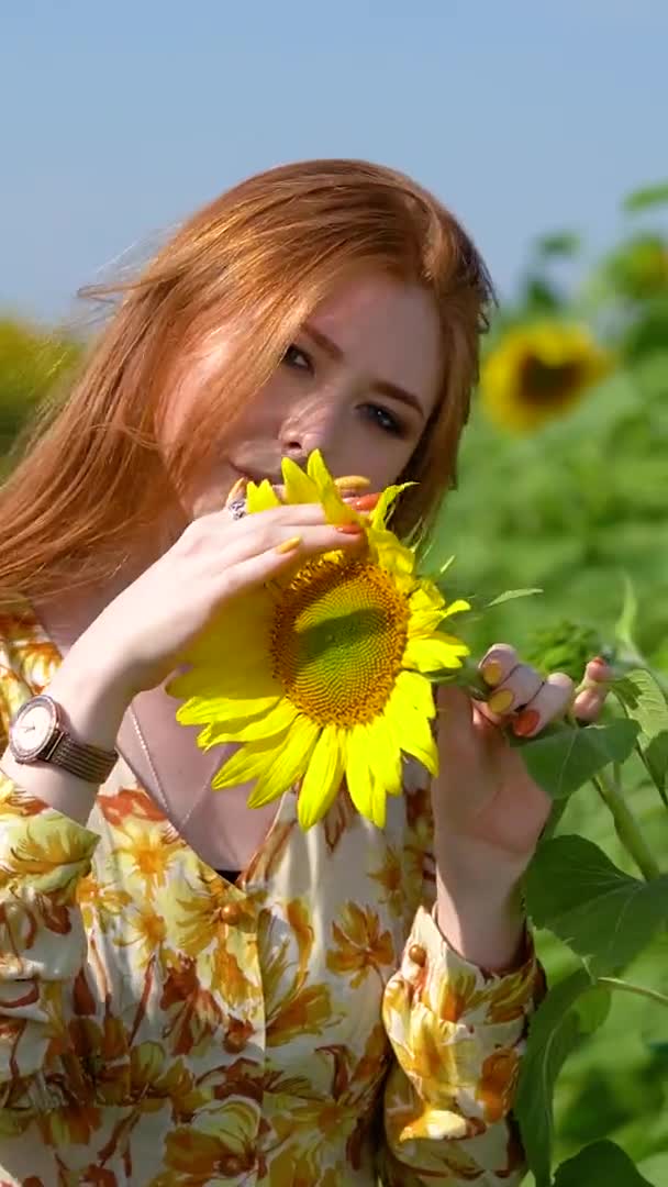 Κάθετο βίντεο. Νεαρή γυναίκα με κόκκινα μαλλιά αγγίζει ένα ηλιοτρόπιο με τα χέρια της — Αρχείο Βίντεο