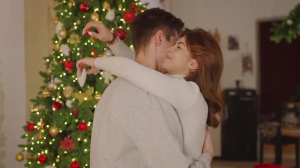 Genç ve mutlu bir çift. Birbirlerine aşık. Noel ağacının yanında sarılıyorlar. Telifsiz Stok Video
