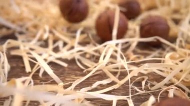 Kabuklu Macadamia fındıkları saman ve eski ahşap vintage tahtanın üzerine düşer. Yavaş çekim.