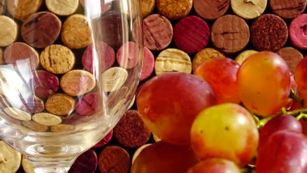 Pouring Wine Glass Background Wine Corks — Stock Video
