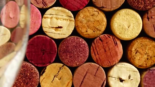 Pouring Wine Glass Background Wine Corks — Stock Video