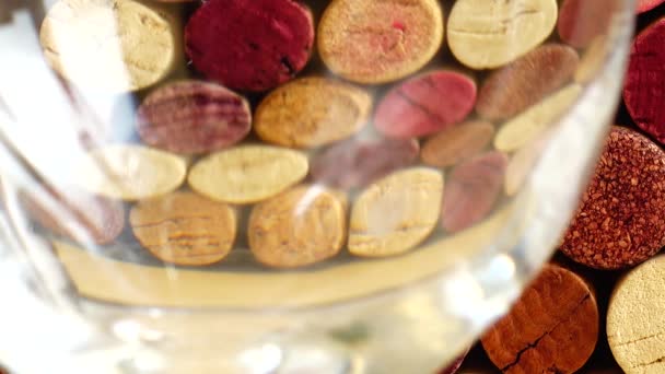 Pouring Wine Glass Background Wine Corks — Stock Video