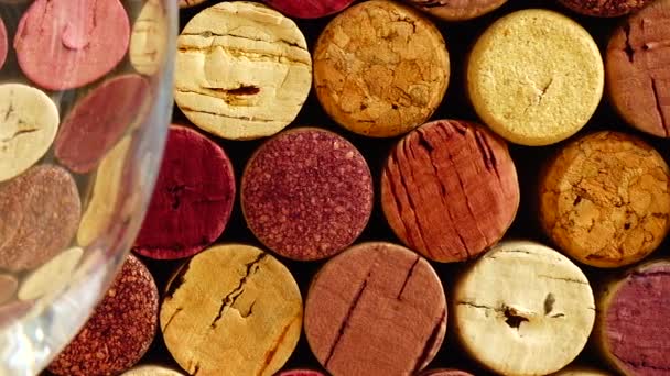 Pouring Wine Glass Background Wine Corks — Stock Video