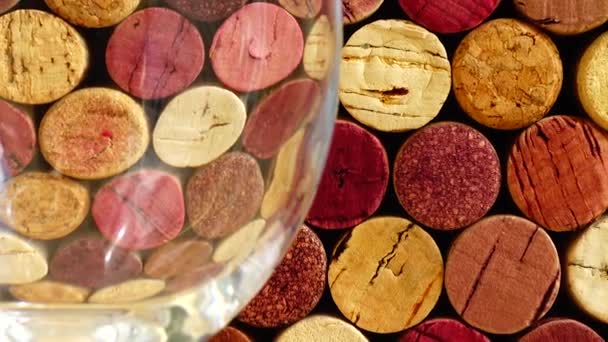 Pouring Wine Glass Background Wine Corks — Stock Video