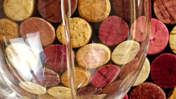 Pouring Wine Glass Background Wine Corks — Stock Video