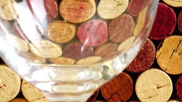 Pouring Wine Glass Background Wine Corks — Stock Video