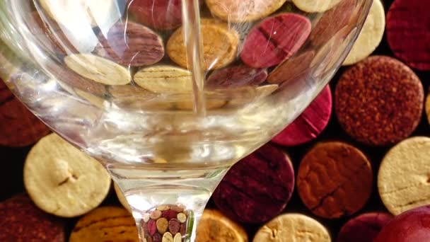 ワインをワインコルクを背景にグラスに入れる — ストック動画