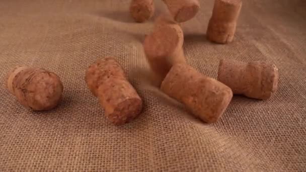 Champagne Wine Corks Fall Burlap Slow Motion — Stock Video