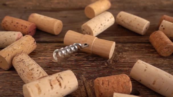 Wine Corks Falling Corkscrew Wooden Old Boards Slow Motion — Stock Video