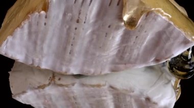 Brie peynirinden damlayan bal damlaları aynalı siyah arka planda.