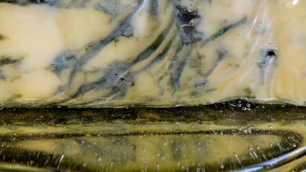 Gocce Miele Che Scendono Dal Formaggio Dorblu Uno Sfondo Nero — Video Stock