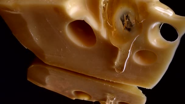 Drops Honey Flow Cheese Mirrored Black Background — Stockvideo