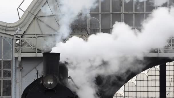 レトロな蒸気機関車が駅を出る準備をしている — ストック動画