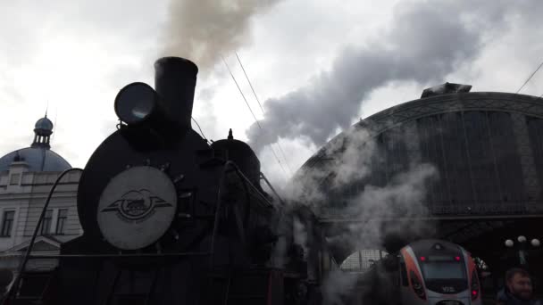 Lviv Ukraine January 2022 Retro Steam Locomotive Prepares Leave Station — стокове відео
