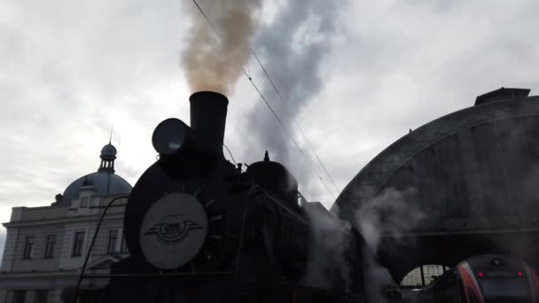 Lviv Ukraine January 2022 Retro Steam Locomotive Prepares Leave Station — Video Stock