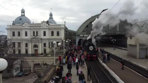 Lviv Ukraine January 2022 Retro Steam Locomotive Prepares Leave Station — Vídeo de Stock