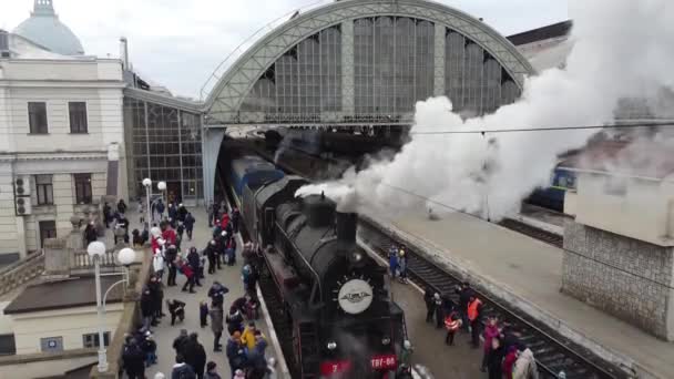 Lviv Ukraine January 2022 Retro Steam Locomotive Prepares Leave Station — Stockvideo